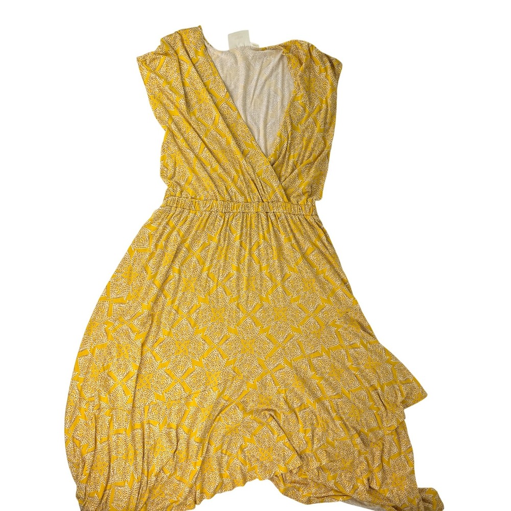 Anthropologie Maeve Fete Faux Wrap Handkerchief Midi Dress Yellow Geometric M - Picture 2 of 8
